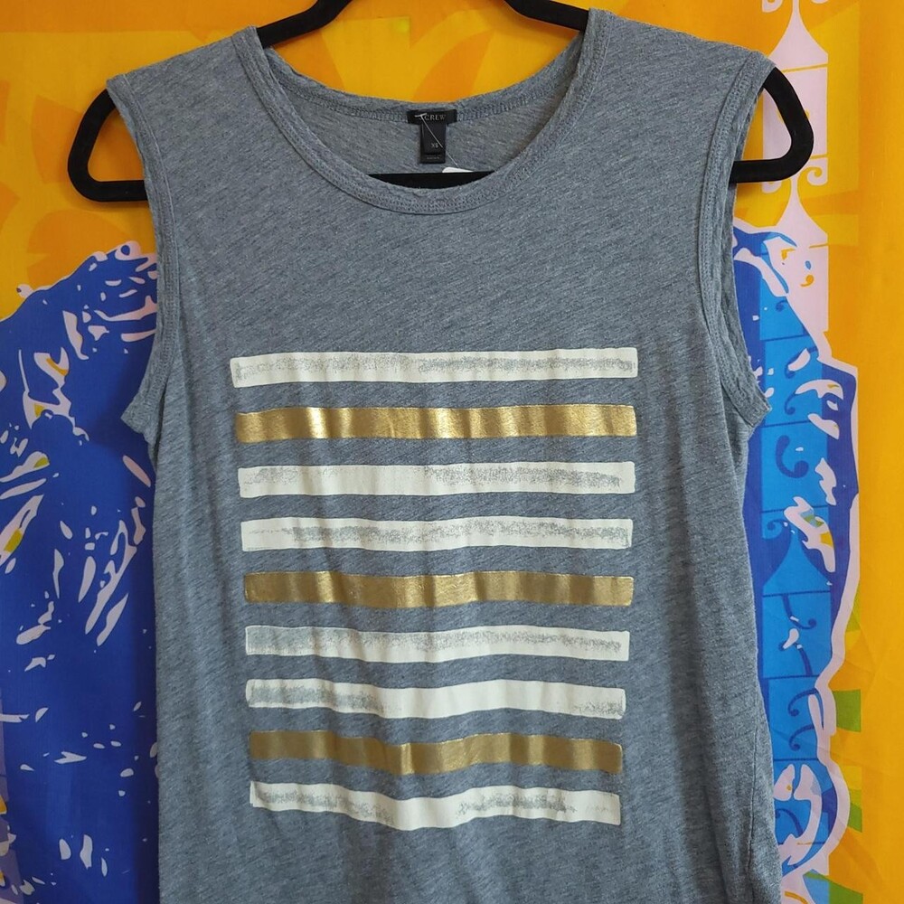 J.Crew gray tank top with horizontal gold and white stripes, size XS #stripes #s